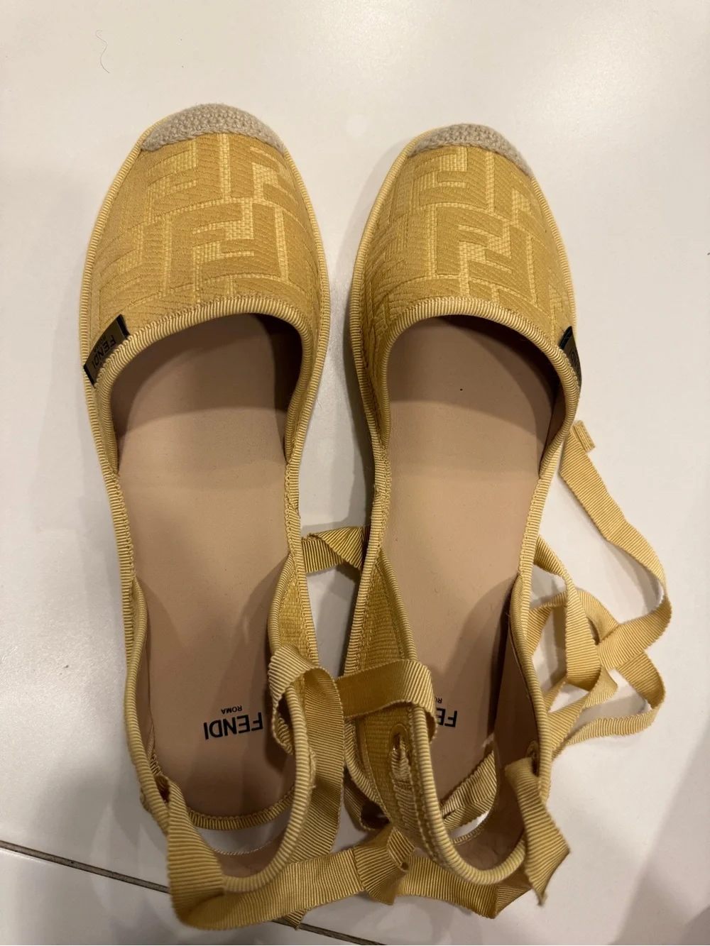 Fendi women Canary Yellow Embroidered Espadrille Sandals with Ankle Ties